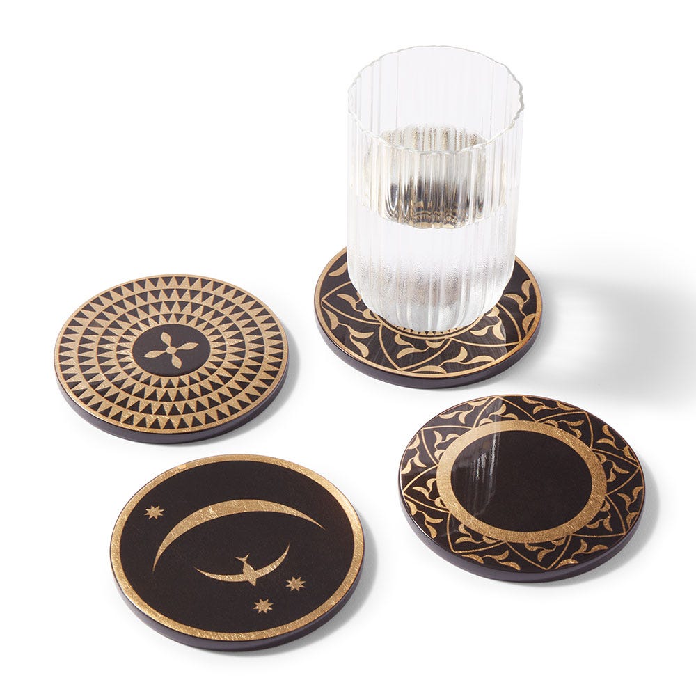 Sumatran Symbols Lacquered Wood Coaster Set